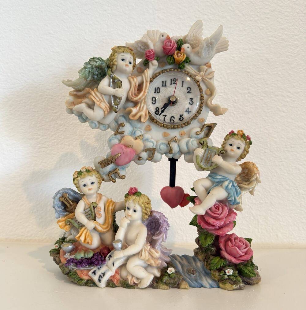 Vintage Large Cherub Angel Pendulum Quartz Clock Roses Heart 12” Decor WORKING